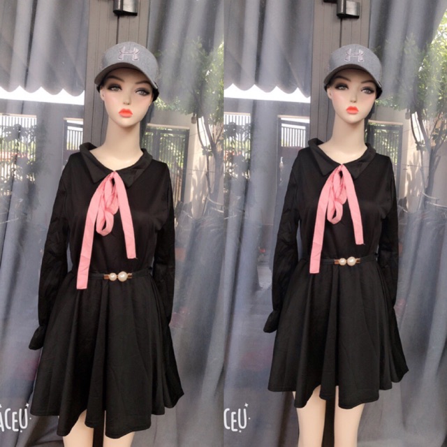 Đầm dáng xoè màu đen cổ cột nơ tiểu thư combo