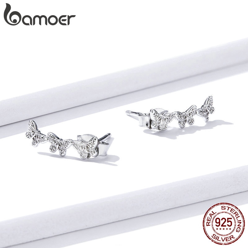 Bông Tai Bamoer BSE377 Bằng Bạc 925 Thiết Kế Ba Chú Bướm Thời Trang Cho Nữ