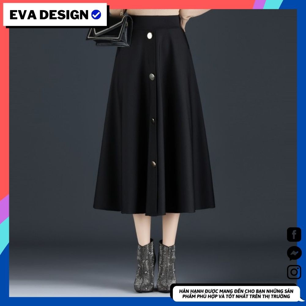 Chân váy dài cạp cao qua gối midi ullzang dáng xòe màu đen trơn đính khuy chất liệu tuyết mưa cực đẹp Siêu sang chảnh