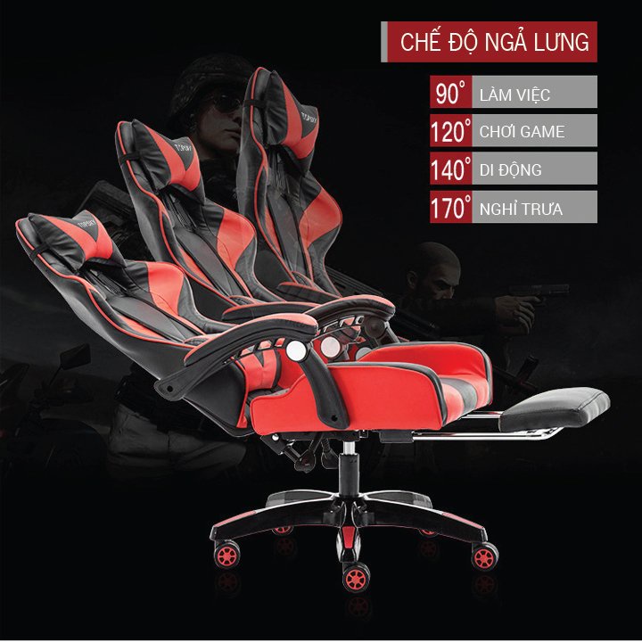 Ghế Gaming Cao Cấp Có Massage Lưng Xoay 360 Ngả Lưng 135 Độ Có Gác Chân, Ghế Chơi Game Gaming Bọc Da Pu