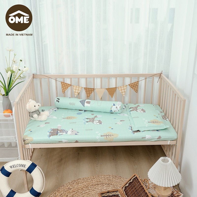Bộ ga gối bọc đệm cũi Ôme 100% Cotton 3D Hàn Quốc phủ lụa