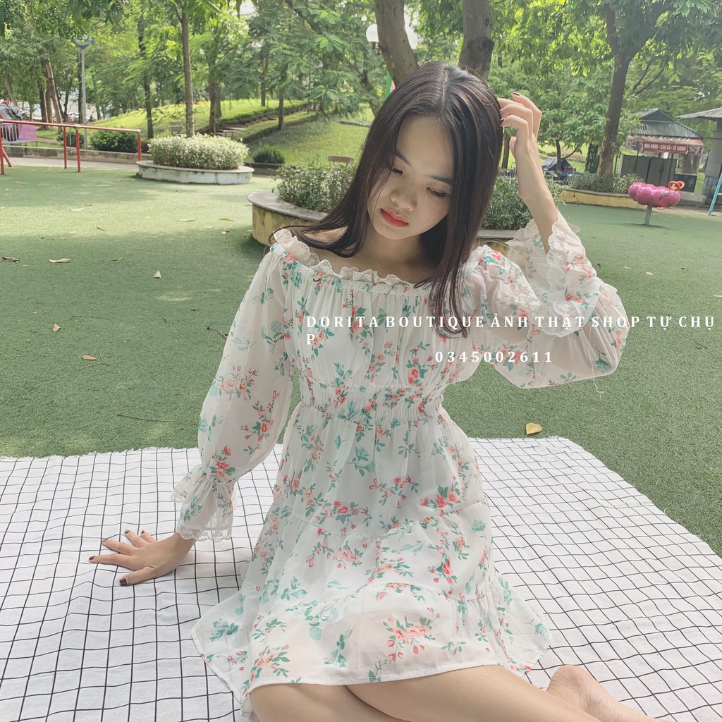 Váy hoa nhí vinatage, Váy hoa nhí trễ vai tay bồng - Dorita Boutique