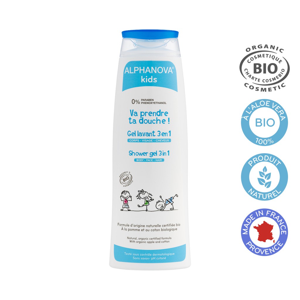 Sữa tắm gội hữu cơ trẻ em dạng gel 3 trong 1 Alphanova Kids 250ml nhập khẩu Pháp chính hãng