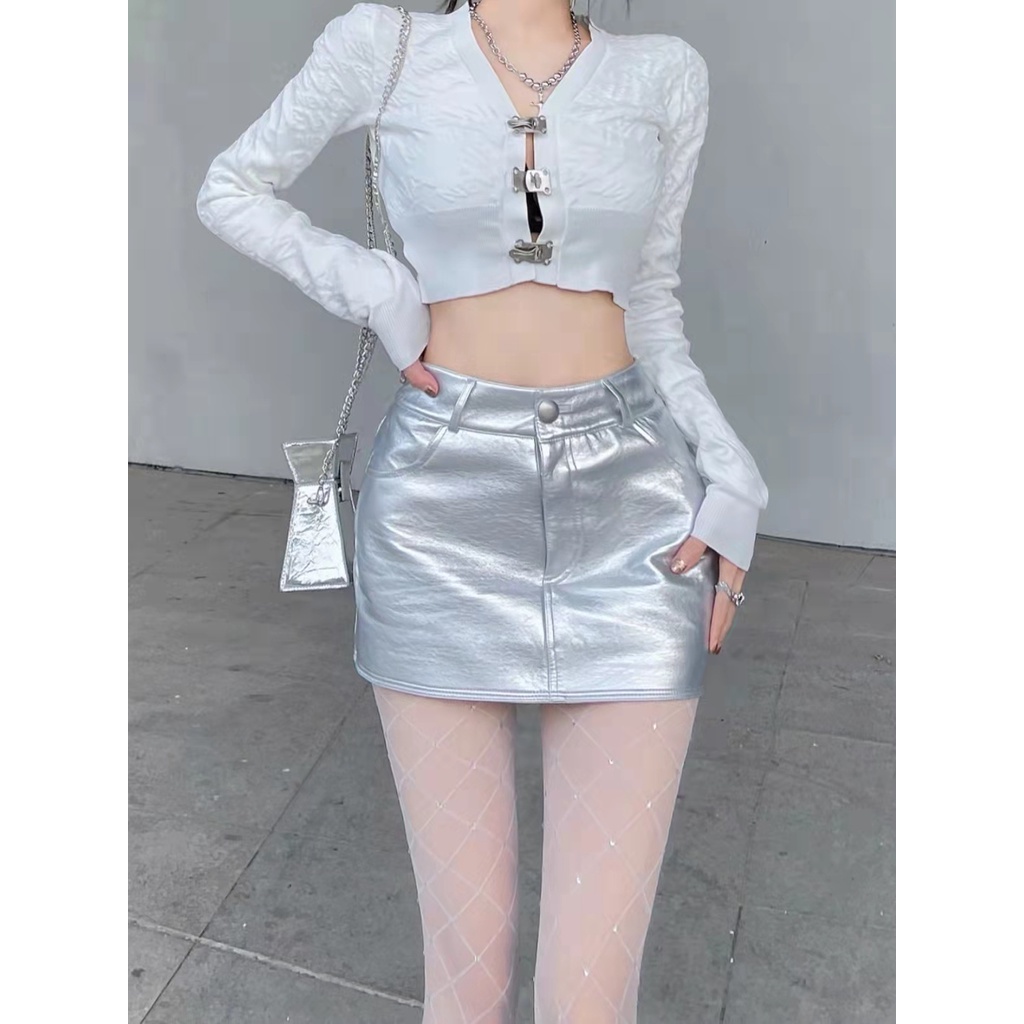 Cocory vn Chân Váy Ngắn Lưng Cao Màu Bạc Thời Trang Quyến Rũ Cho Nữ