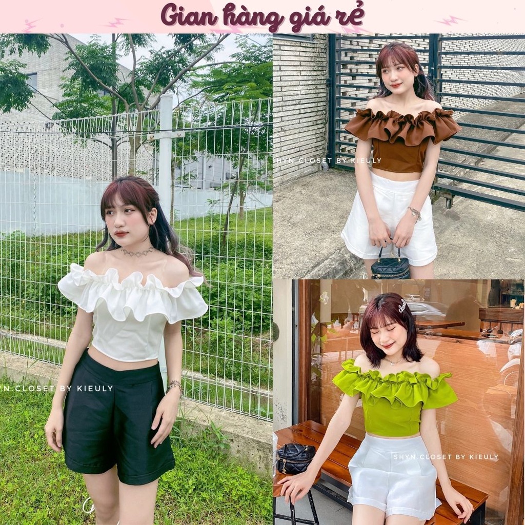 Sallie Top - Áo croptop bẹt vai nhiều màu, tay phồng phần vai có thun co giãn Áo trễ vai tay bồng dễ thương