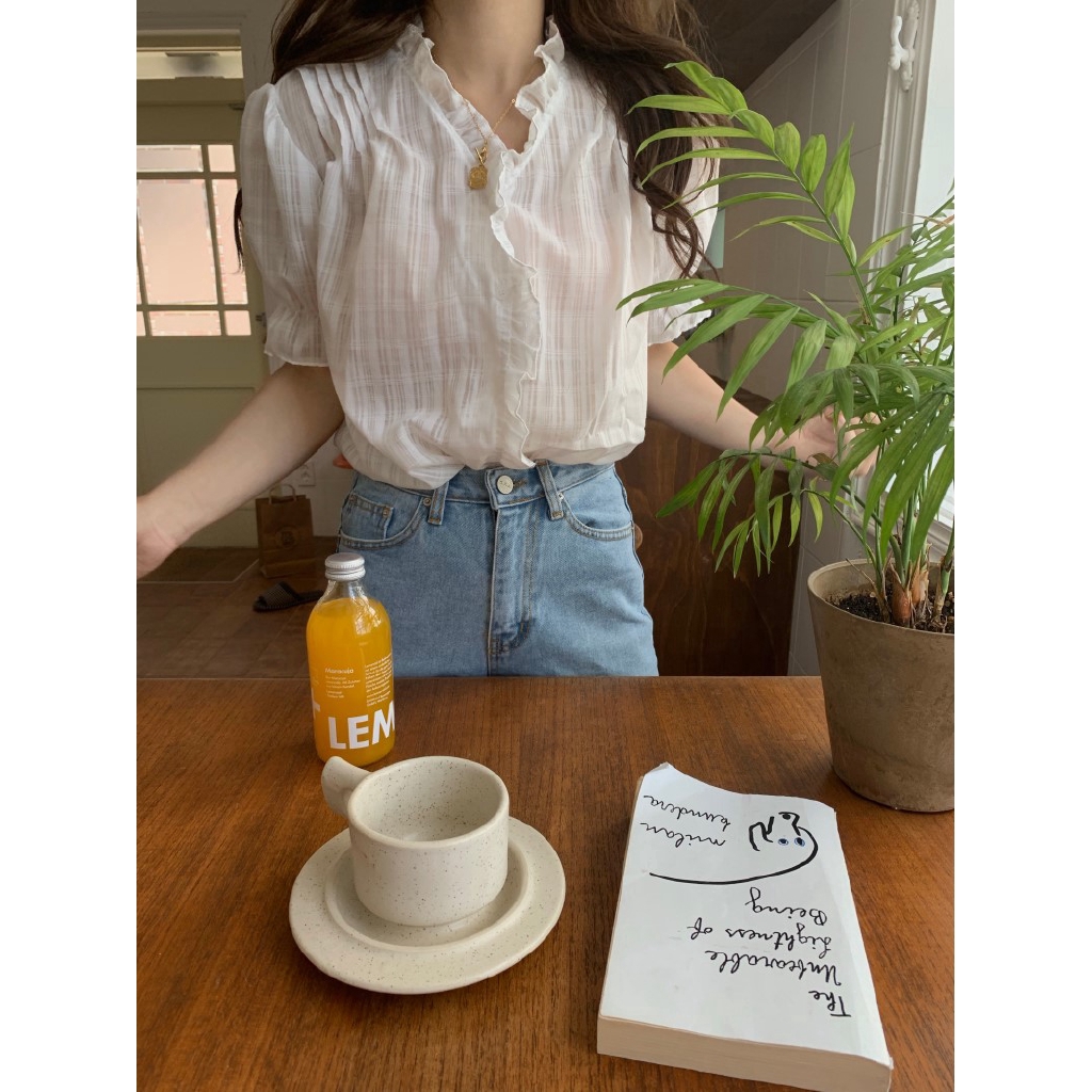 SUXI Áo Kiểu Tay Ngắn Phồng Cổ Chữ V Dáng Rộng Phong Cách Hàn Quốc