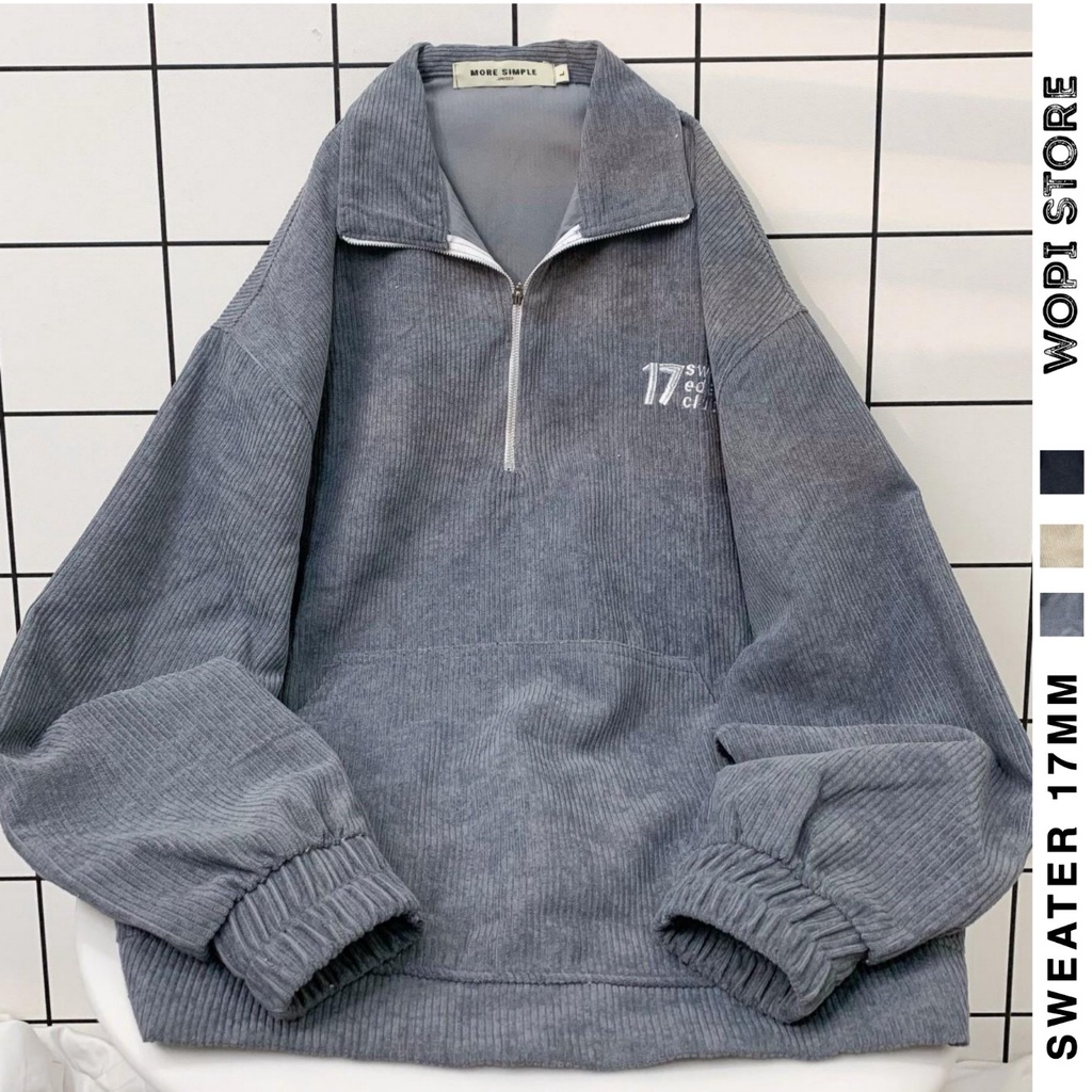 Áo Sweater Cổ POLO 17MM Form Rộng Nam Nữ Thêu Chữ Nổi Phong Cách Có Khóa Kéo Chất Nhung Gân Dày Ulzzang Unisex(Ảnh Thật)
