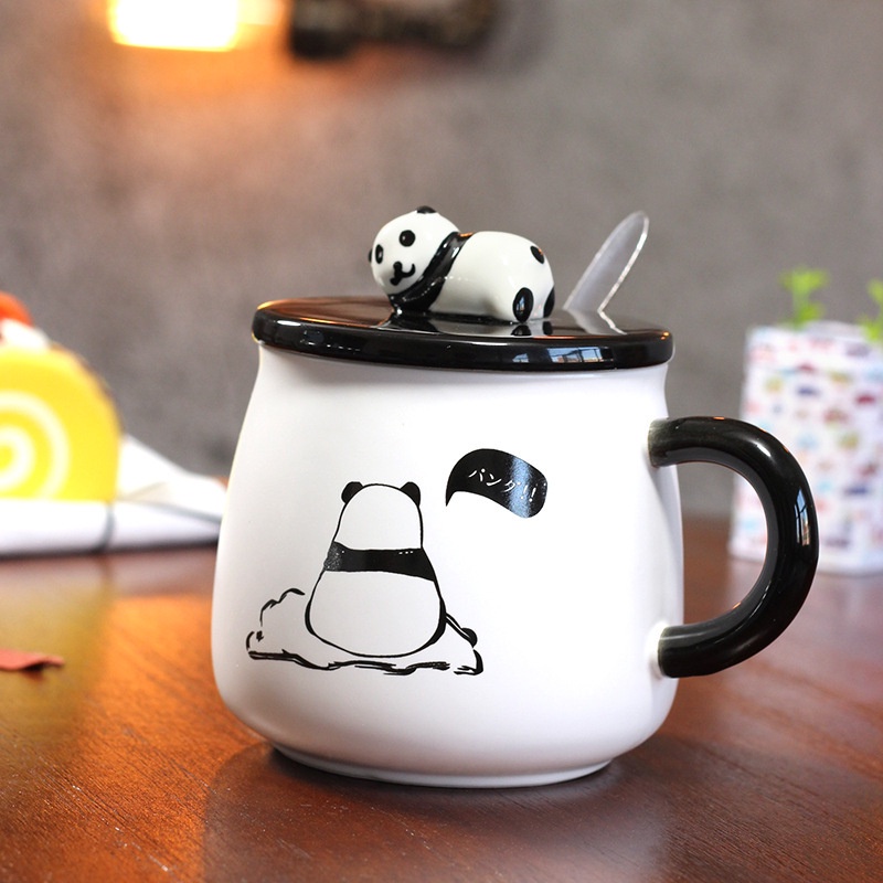 LY CỐC SỨ CẶP ĐÔI CÓ NẮP HÌNH GẤU PANDA CỰC NGỖ NGHĨNH 400ML KÈM THÌA XINH XẮN