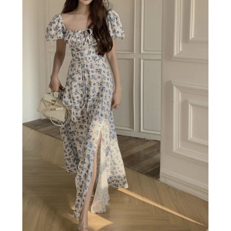 Đầm hoa xanh midi nhíu ngực xẻ đùi mã 1804