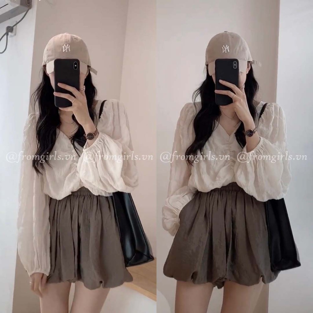 Set áo croptop dài tay cổ v vải xốp mix quần short boom nâu (ảnh thật) - SET13