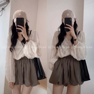 Set áo croptop dài tay cổ v vải xốp mix quần short boom nâu (ảnh thật) - SET13