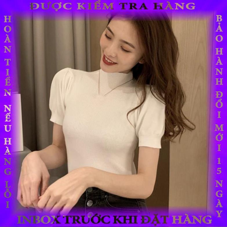 Áo Dệt Kim Cổ Lọ Tay Phồng Màu Trơn Thời Trang Mùa Hè Cho Nữ huanprv