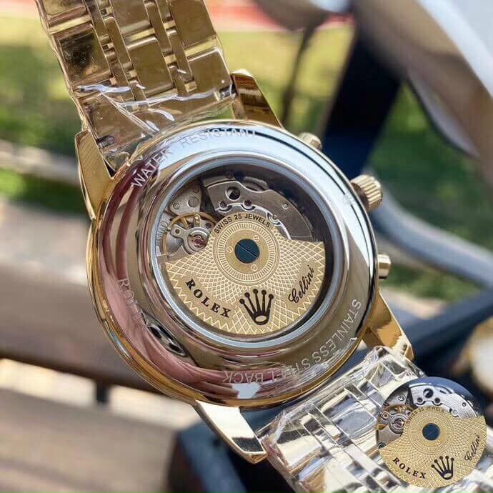 Đồng hồ Nam Rolex trăng sao cơ automatic mặt đen vỏ vàng gold dây da - dây kim loại size 40mm