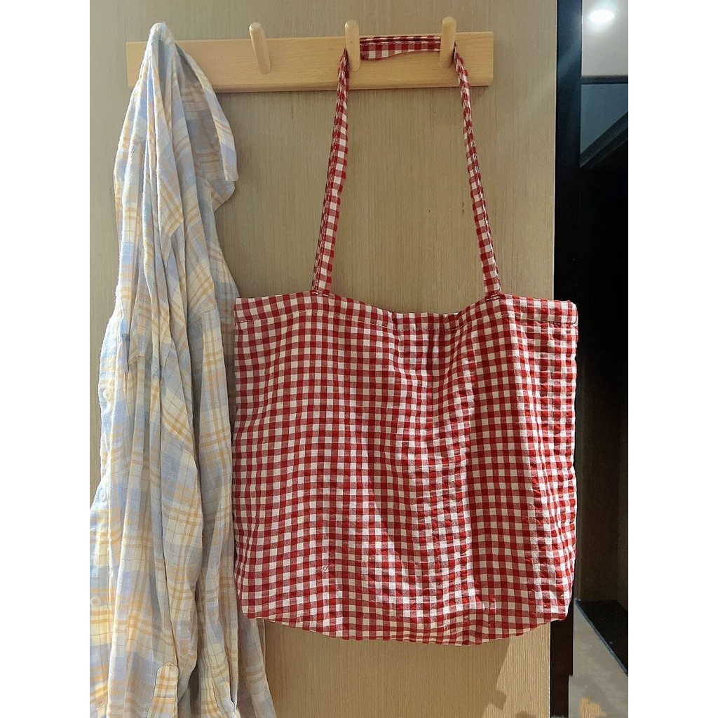 Túi Xách Vải cotton Lanh Phối Ren Kẻ Sọc Caro Phong Cách retro Hàn Quốc Cho Nữ