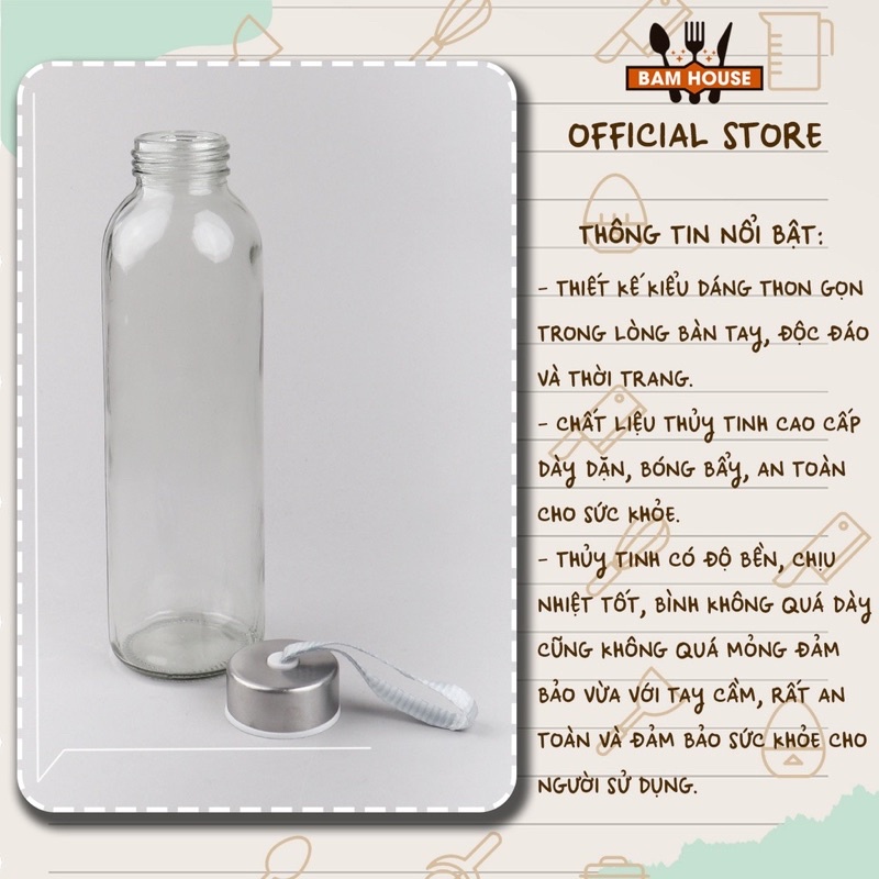 Bình Nước Thủy Tinh, Chai Detox Có Dây Xách 500ml