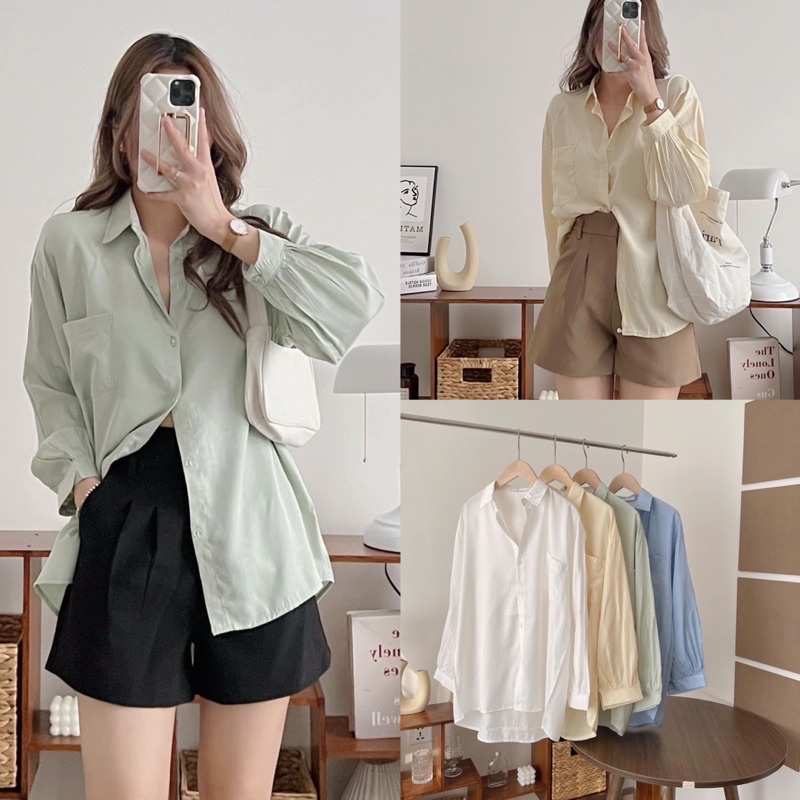 Áo sơ mi Lụa Đai kin tay phồng mới bảng màu tuyệt đẹp Áo sơ mi lụa Hàn Quốc tay bồng