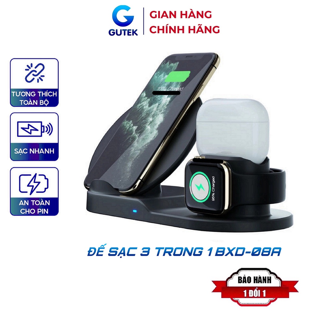 Đế sạc không dây 3 trong 1 sạc nhanh 10w cho IP smart watch tai nghe bluetooth aripods - Gutek BXD-08A