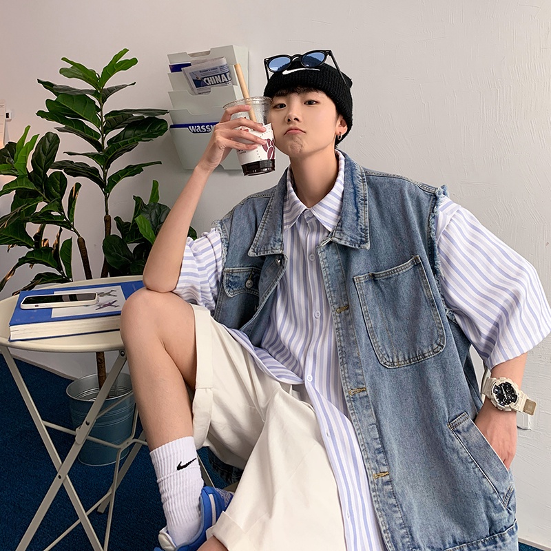 Áo jean gile nam form rộng, áo ghi lê nam kiểu vest jean dáng rộng phong cách hiphop 8002