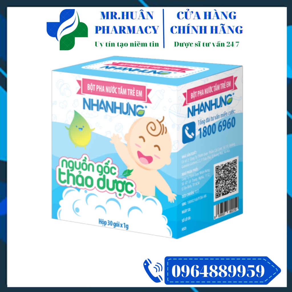 Bột pha nước tắm trẻ em Nhân Hưng (Hộp 30 gói) - Giúp làm sạch da, kháng khuẩn tự nhiên, ngăn ngừa bệnh ngoài da ở trẻ