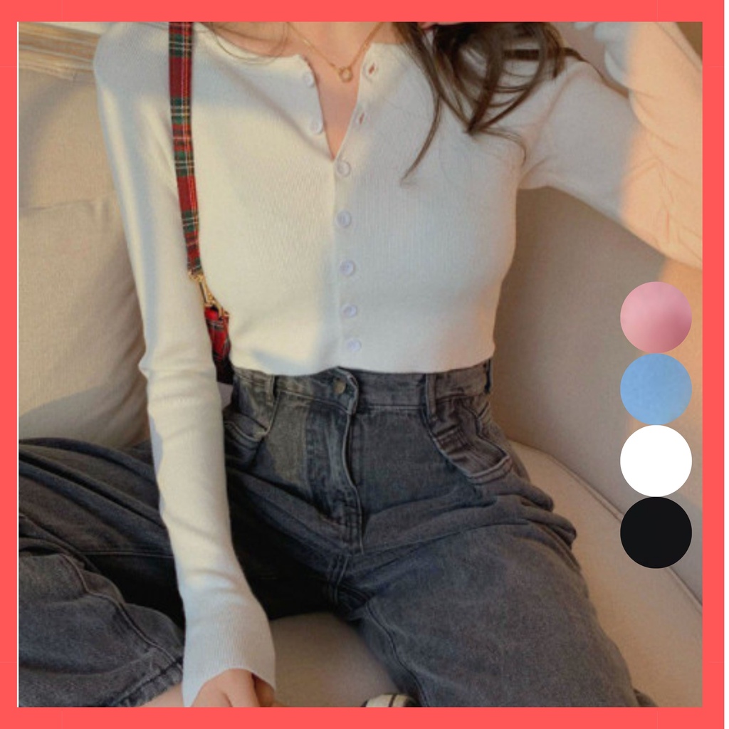 Áo thun Croptop ôm body Tay Dài nữ khuy cúc phong cách Ulzzang,Áo khoác nhẹ kiểu dáng croptop cá tính