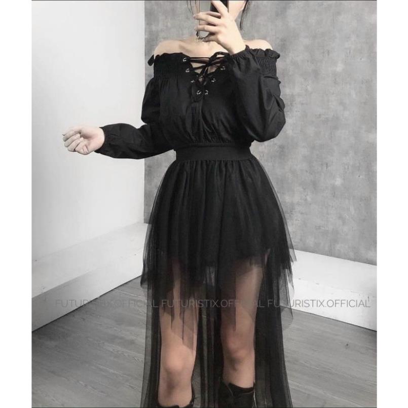 Chân váy dài phối ren lưới xuyên thấu thời trang nữ tính