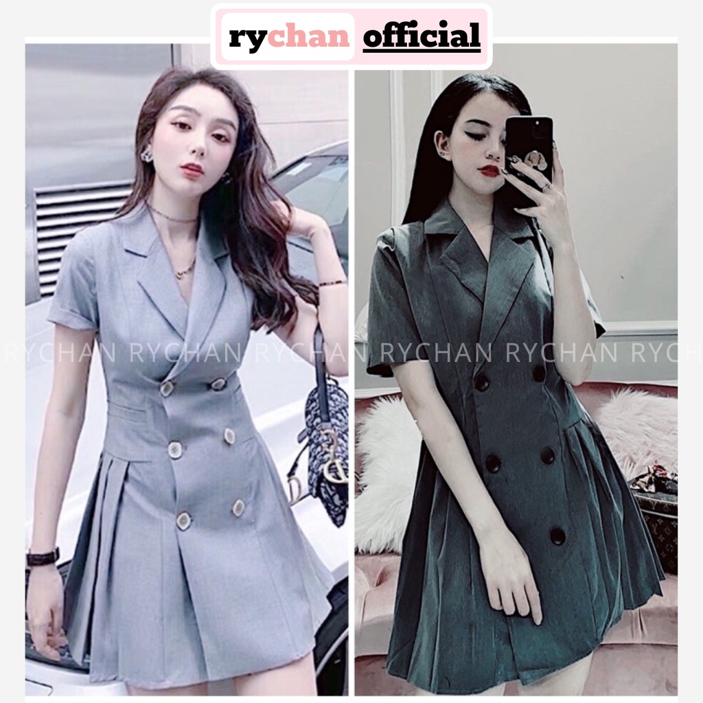 Đầm Váy Nữ Dự Tiệc Form Ngắn Cổ Vest 6 Nút Đuôi Xếp Li Thanh Lịch Cuốn Hút Màu Xám Xanh Rêu  - DX9915