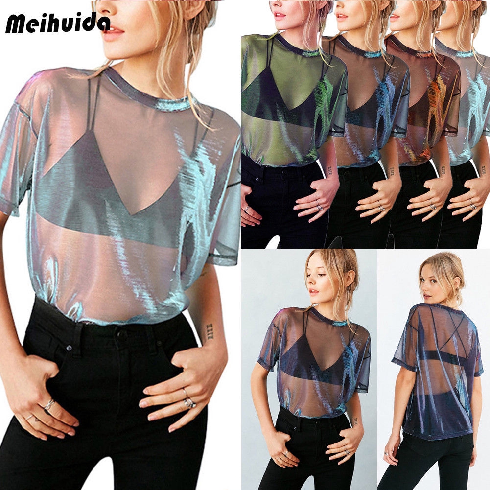 Áo Croptop tay ngắn bằng vải lưới xuyên thấu quyến rũ cho nữ