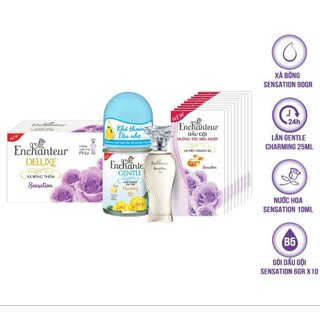 Combo Lăn khử mùi Gentle Charming 25ml, Nước hoa Sensation 10ml, Xà bông Sensation 90gr, Dây 10 góiDầu gội Sensation 6gr