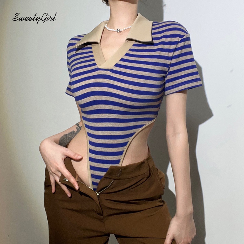 Áo Cổ Bẻ Tay Ngắn Dáng Ôm Họa Tiết Kẻ Sọc Màu Sắc Tương Phản Thời Trang Cho Nữ 2022