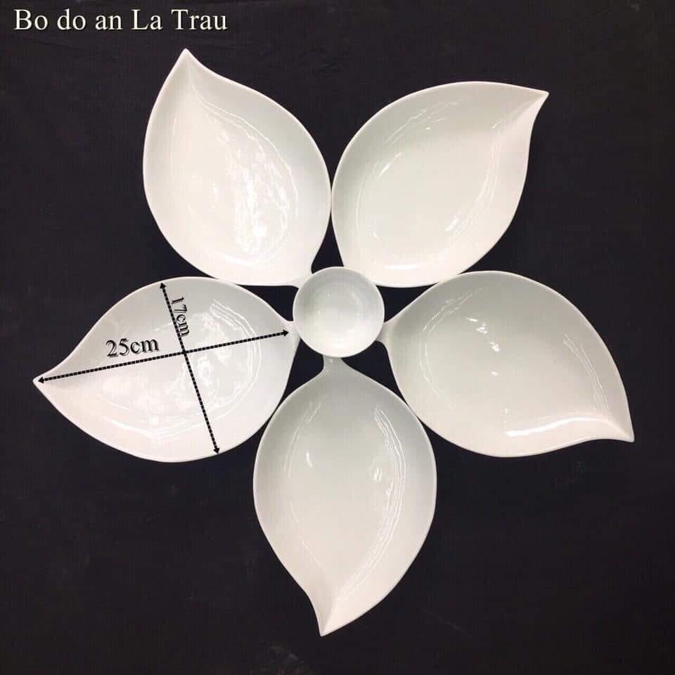 Bộ đĩa gốm sứ nghệ thuật Bát Tràng hình lá trầu men trắng tinh, dày dặn và rất đẹp (ảnh thật)