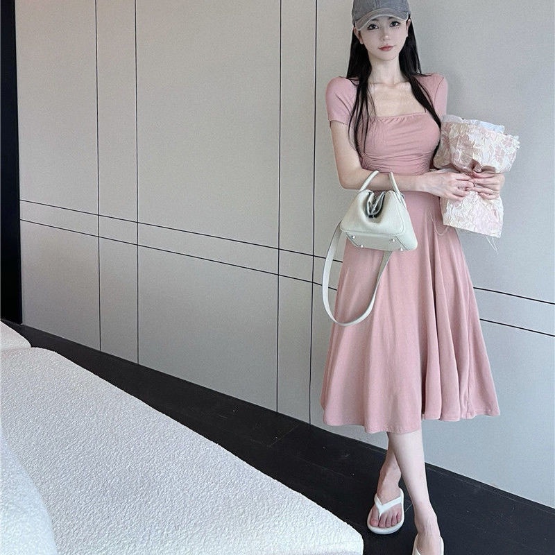 Đầm Tay Ngắn Cổ Vuông Nhấn Eo Phong Cách Pháp Thời Trang 202 Cho Nữ