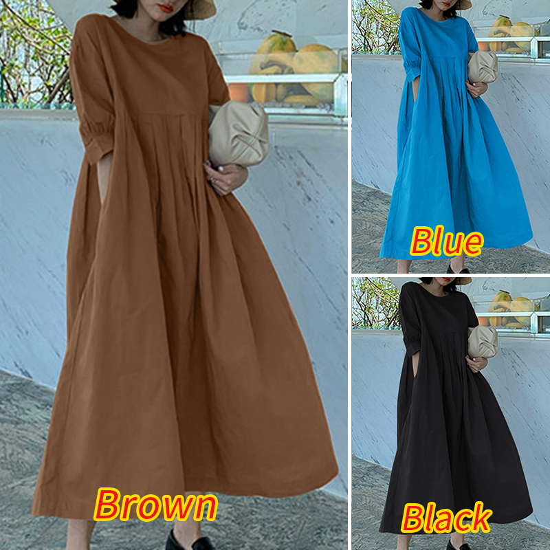 Đầm dài ZANZEA tay ngắn xếp ly màu đơn sắc giản dị cho nữ | BigBuy360 - bigbuy360.vn