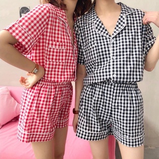 [FREESHIP 0Đ] Bộ Đồ Ngủ Pijama Nữ Kẻ Caro Form Rộng - Pyjama Nữ Quần Short Kèm Áo Cộc Tay Mùa Hè Bánh Bèo Ullzang