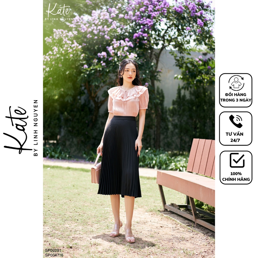 Áo sơ mi nữ tằm óng hồng nhạt cổ bèo 4716 chân váy xếp ly quạt 291 thời trang thiết kế KATE By Linh Nguyen