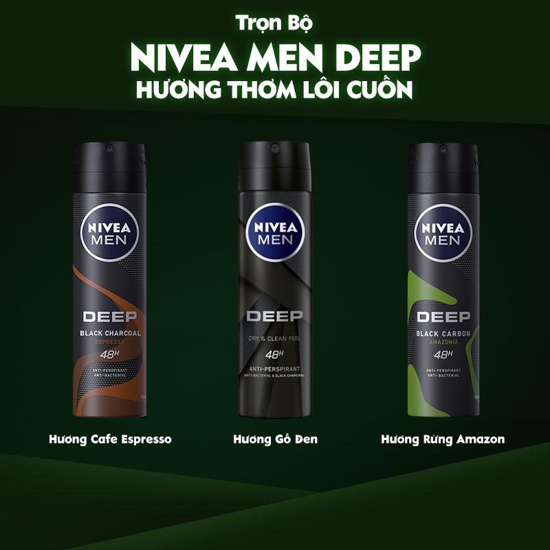 Xịt ngăn mùi toàn thân nam Nivea men Deep 150ml Dry &amp; Clean Feel Black carbon Amazon Espresso- Than đen hoạt tính