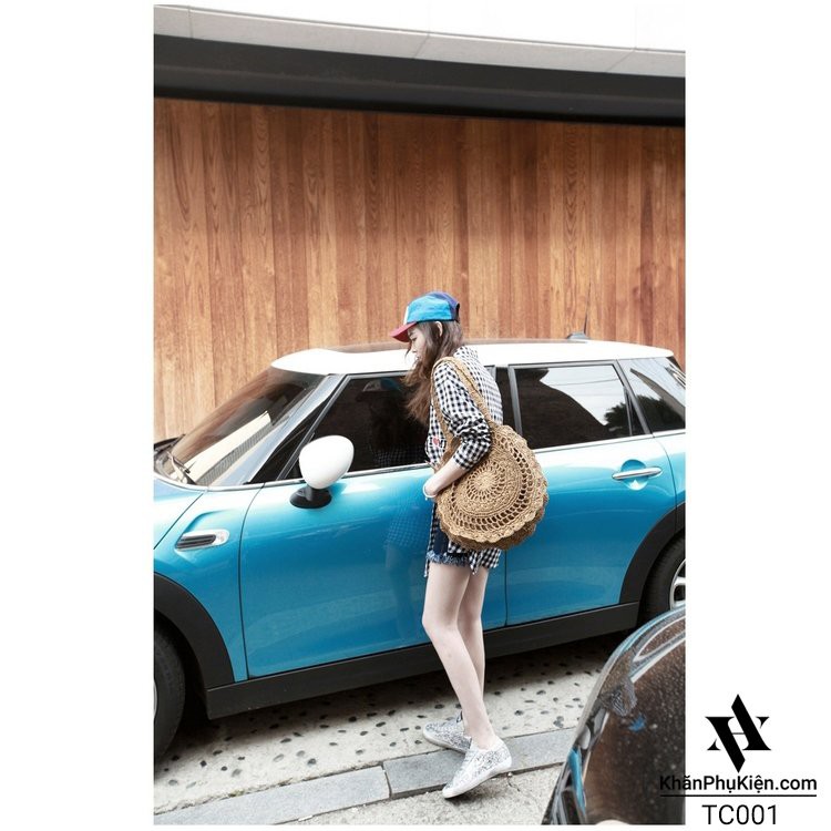 [NowShip - Giao Ngay] Túi Cói Boho Vintage Đeo Vai Hình Tròn Họa Tiết Màu Nâu Trơn