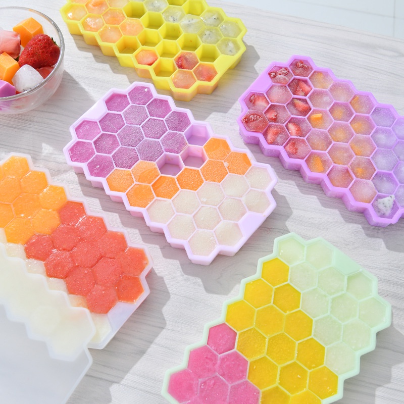 Khay Làm Đá Bằng Silicone 37 Lỗ Hình Tổ Ong Xếp Chồng Nhiều Tầng Có Nắp Đậy Tiện Dụng