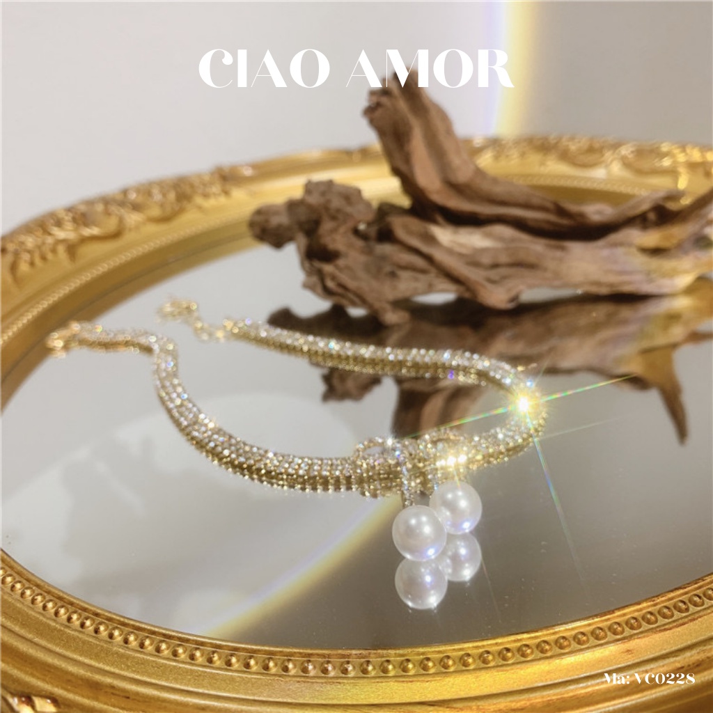 Dây chuyền nữ, vòng cổ, chocker đá 3 lớp đính nơ ngọc Trang sức Ciao Amor - VC0228