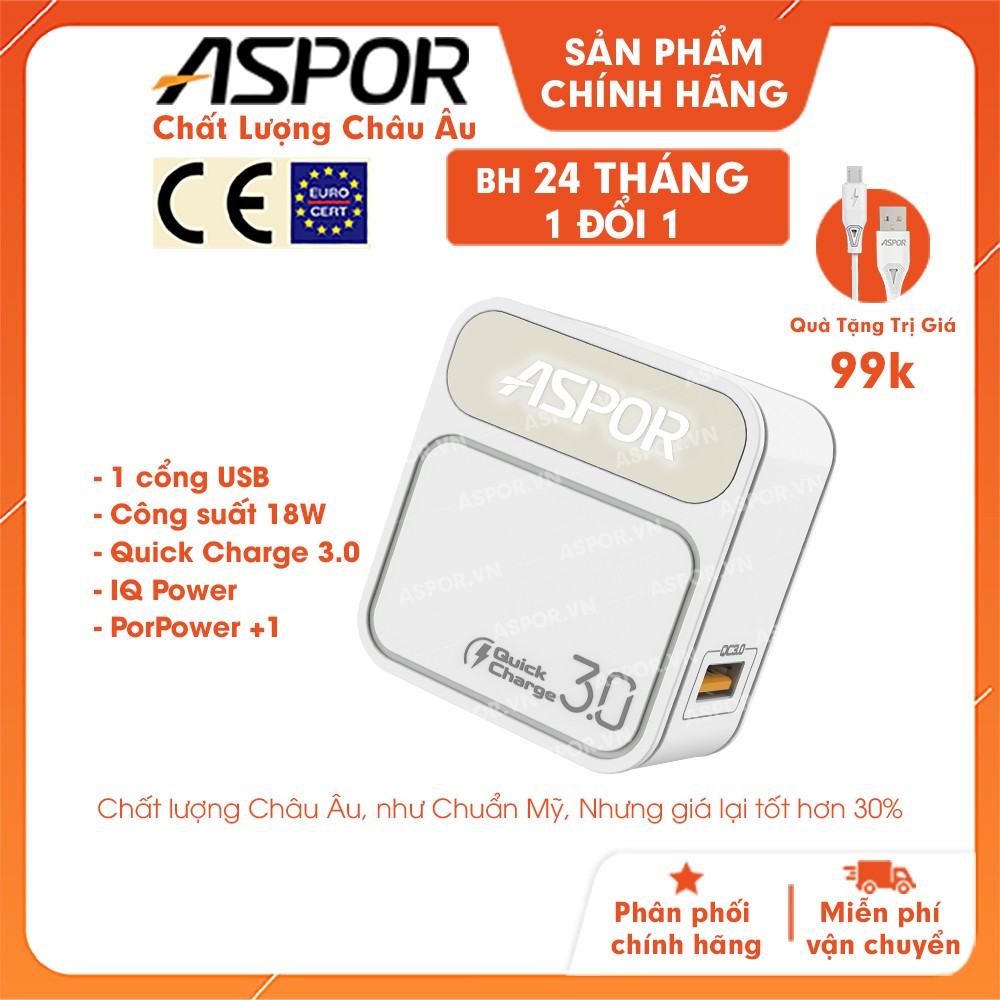 Củ Sạc ASPOR PowerPort+ 1 cổng 18w Quick Charge 3.0 - A828