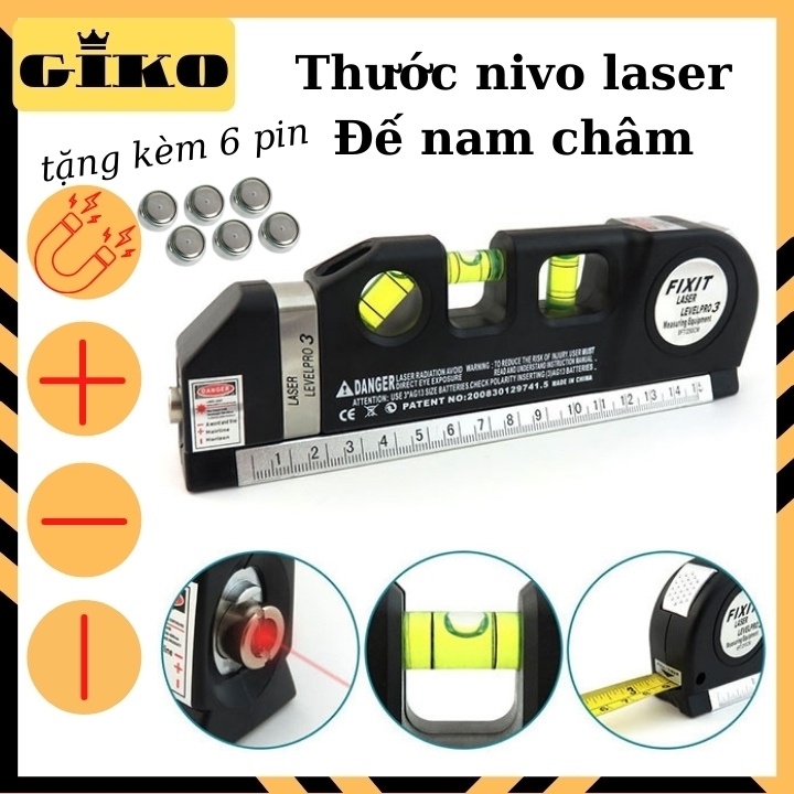 Thước nivo laser level pro3 đa năng đế nam châm từ tính, Thước thủy cân bằng laser điện tử mini [GIKO 008]