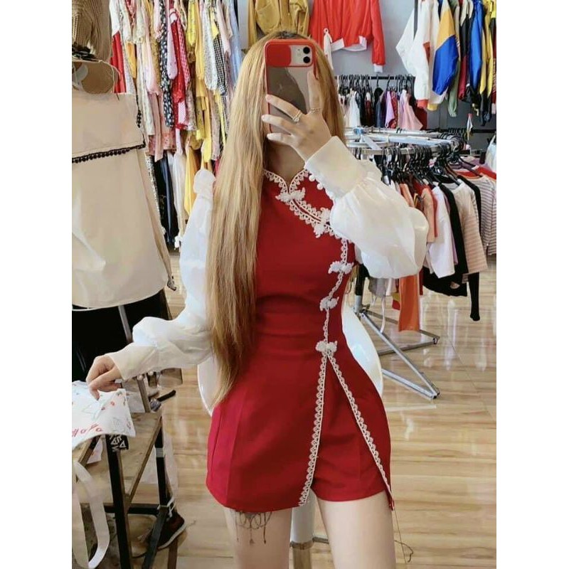 Set áo cổ tàu phối ren tay voan và quần ngắn xinh xắn