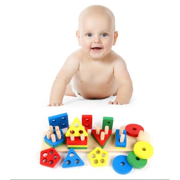 Đồ chơi thả hình 5 trụ cọc thanh ngang gỗ cho bé nhận diện hình dạng màu sắc-đồ chơi giáo dục