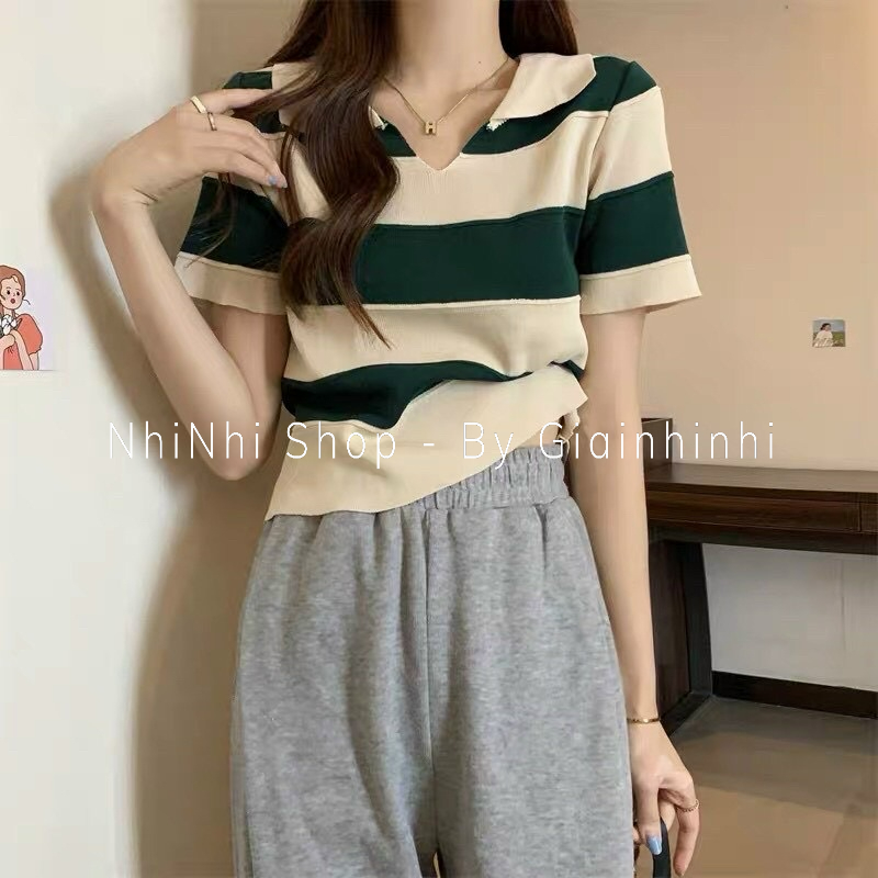 Áo polo len kê sọc ngang nhiều màu, Áo kiểu len mỏng ngắn tay AL7823 - NhiNhi Shop