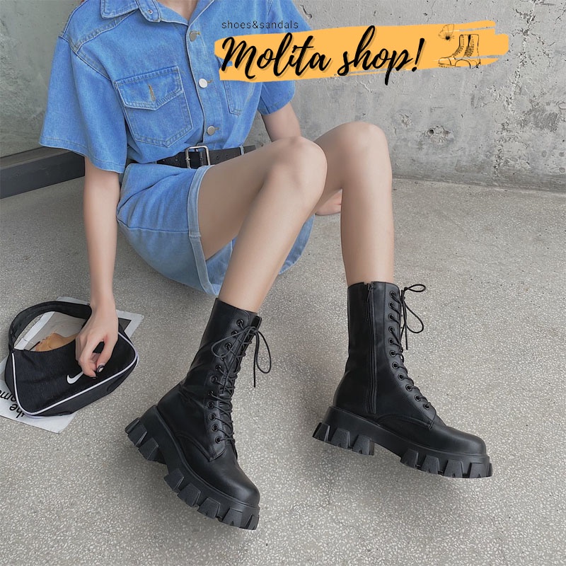 Giày Boot Nữ Cổ Cao 15cm Kéo Khoá Boot Chiến Binh Đế Cao 5.5Cm Giá Rẻ Ulzzang Cá Tính  BOT02-Molita