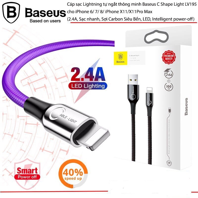Cáp sạc thông minh tự ngắt, cáp sạc nhanh Baseus C-Shape có đèn LED báo tự ngắt khi sạc đầy Pin, dây dù siêu bền dài 1M