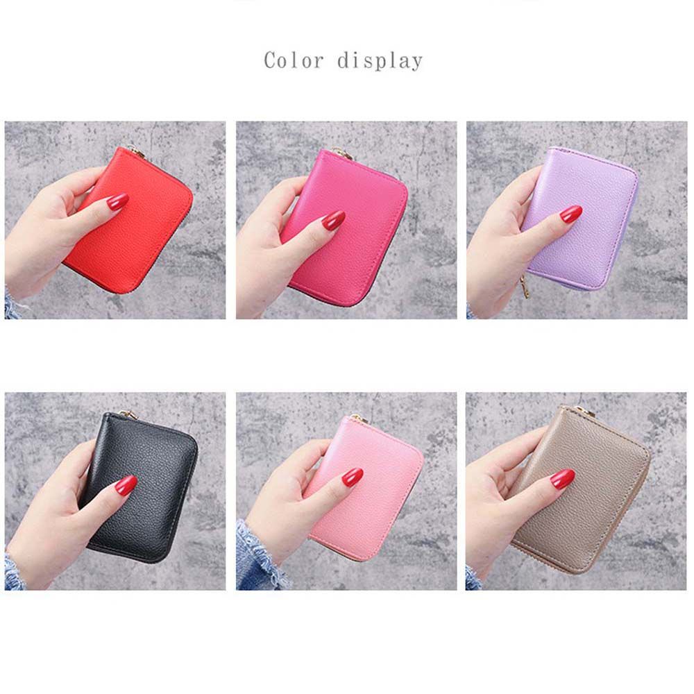 Ví Da Pu Mini Đựng Thẻ Nhiều Ngăn Có Khóa Kéo Màu Trơn Cho Nữ