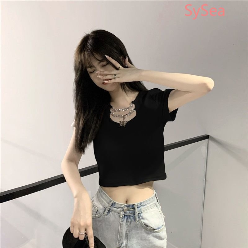 Áo Thun Màu Sắc Đơn Giản Phối Dây Xích Thời Trang Cho Nữ