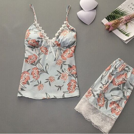 (Có size, túi zip) Bộ mặc nhà 2 dây lụa Quảng Châu cổ V / bộ ngủ 2 dây lụa pha ren hoạ tiết Tropical