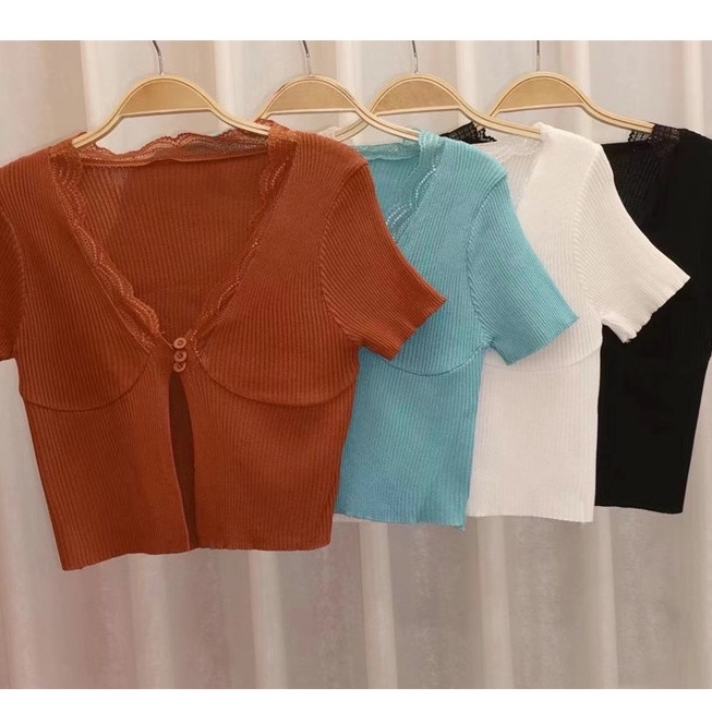 SUXI Ren khâu cổ chữ V Chia mỏng phù hợp với áo thun ngắn tay thời trang Hot Thời trang áo crop top