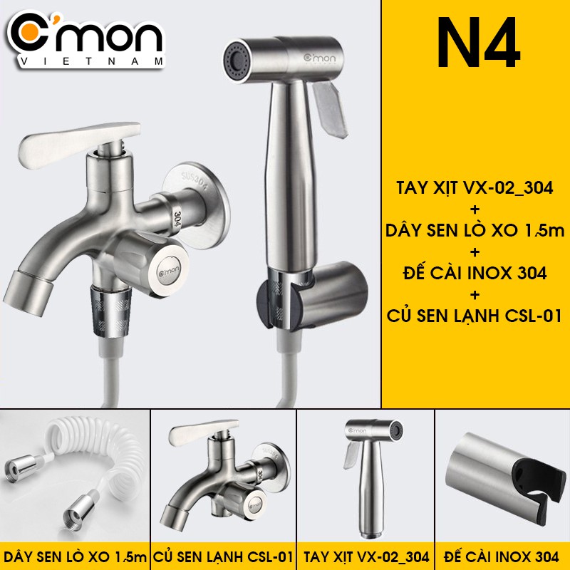 Bộ vòi xịt vệ sinh INOX 304 cao cấp C'MON VX-02-N (dây sen PU lò xo)